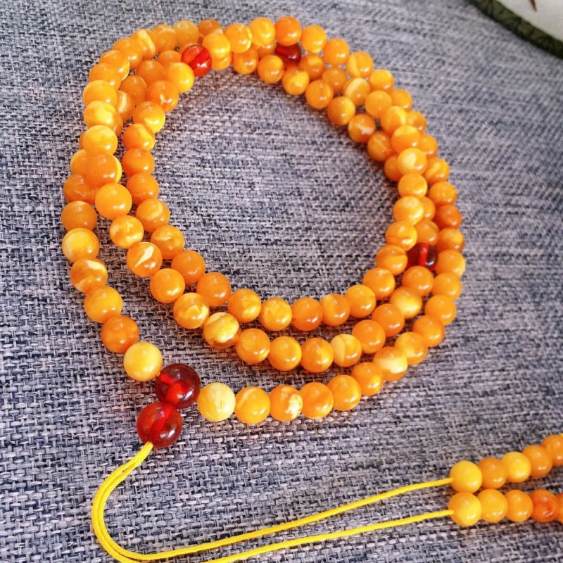 Russian 108 Buddhist Prayer Beads Multi-circle Bracelet Chicken Fat Yellow Old Flower Wax Beeswax Demon Pattern Te