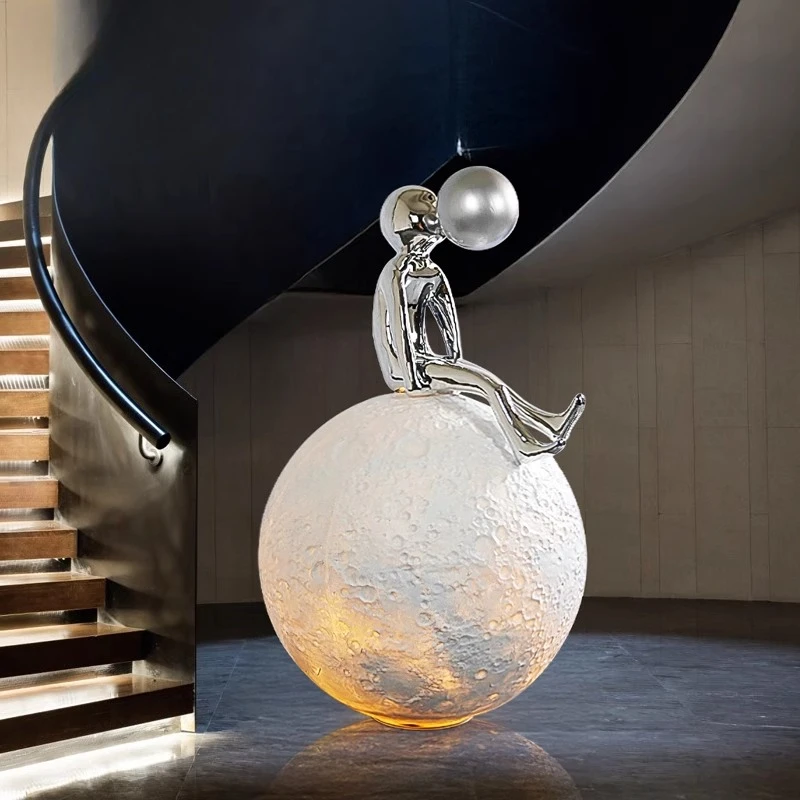 

Down stairs corner moon ornament abstract floor figure blowing bubble sculpture light luxury decoration indoor villa