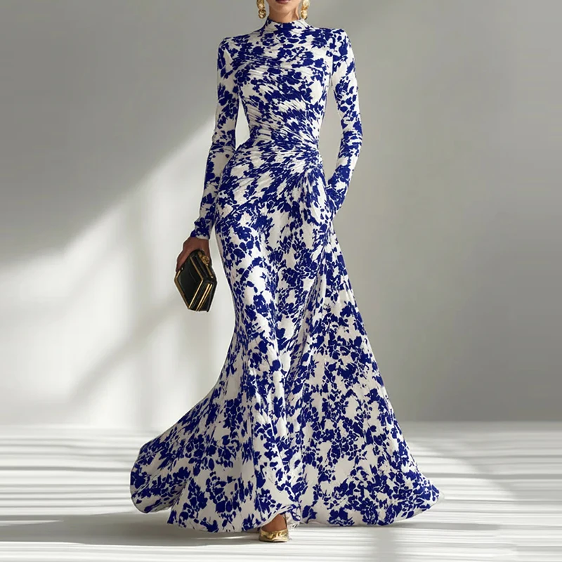 

Новое элегантное женское платье-русалка с цветочным принтом, завышенной талией, облегающее, с длинными рукавами и круглым вырезом, для весны и лета