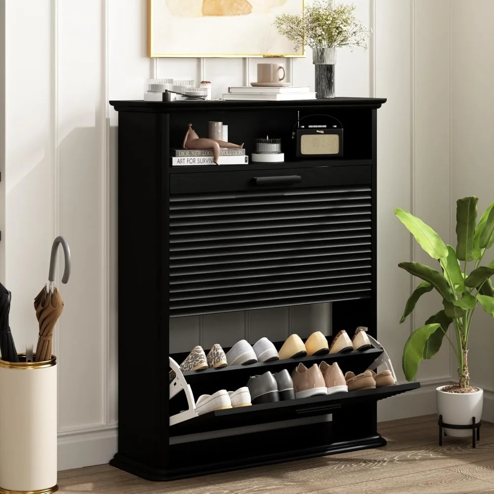 Slim Shoe Storage Cabinet with Flip Drawers, Adjustable Shelves & Open Storage