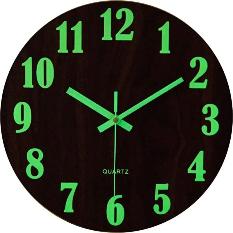 12-Inch with Luminous Retro Wooden Wall Clock Word Numbers Silent Used in Bedroom Living Room Kitchen Dining Room Decoration