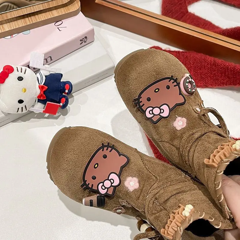 

Kawaii Hello Kitty Sanrio, студенческие удобные теплые ботинки с милыми героями мультфильмов, детские флисовые сапоги, длинная обувь, рождественские подарки для детей