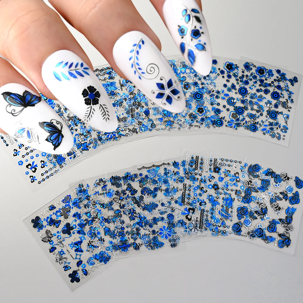 30pcs Klein Blue Butterfly Flowers Nail Art Decals Stickers 3D Retro Glitter Nail Decor Adhesive Sliders Tattoo Manicure Sticker