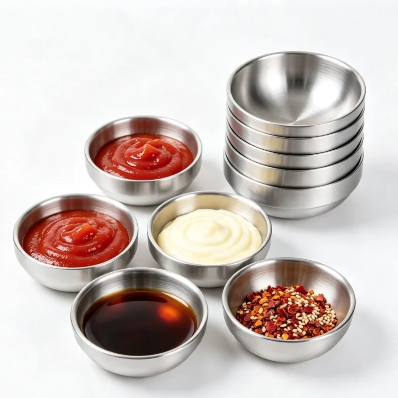 Double-Deck Mini Stainless Steel Sauce Dish, Round Appetizer Plates, Sushi Dipping Pinch Bowls, Salad Dressing Plates