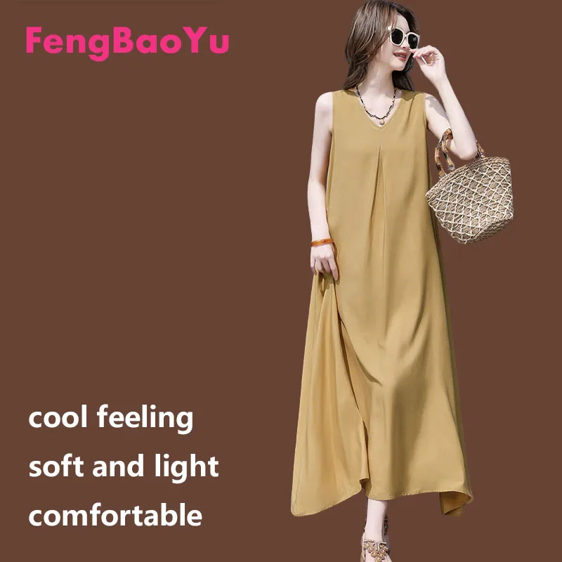 

Fengbaoyu Cotton Silk Lady's Dress French-style Elegant Sleeveless Long Dress Vacation Summer Casual Cool Comfortable Home Wear