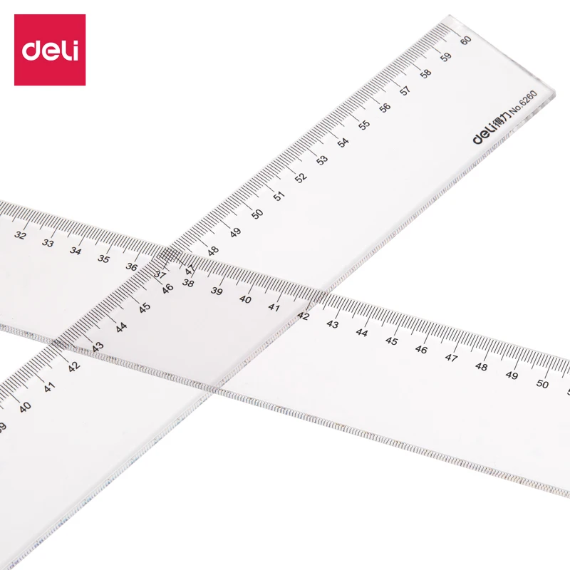 1PCS Deli 6220 6260 Office Student Desk Plastic Clear Ruler Transperant Straight Ruler 20cm 30cm 40cm 50cm 60cm Optional