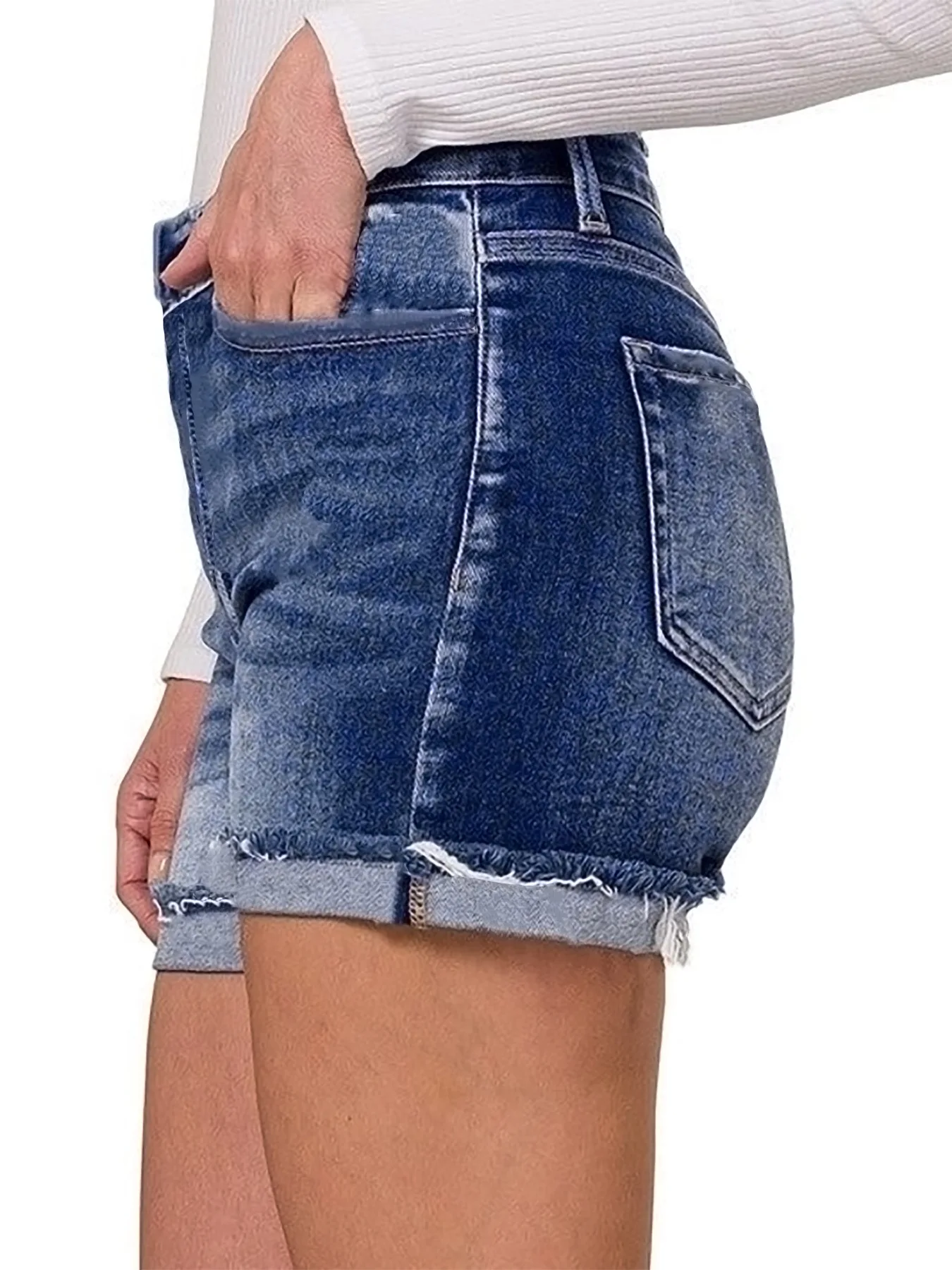 Damesjeans met gescheurde ruwe rand en schedelprint, punkstijl, zelfkrullende, gewassen denim shorts