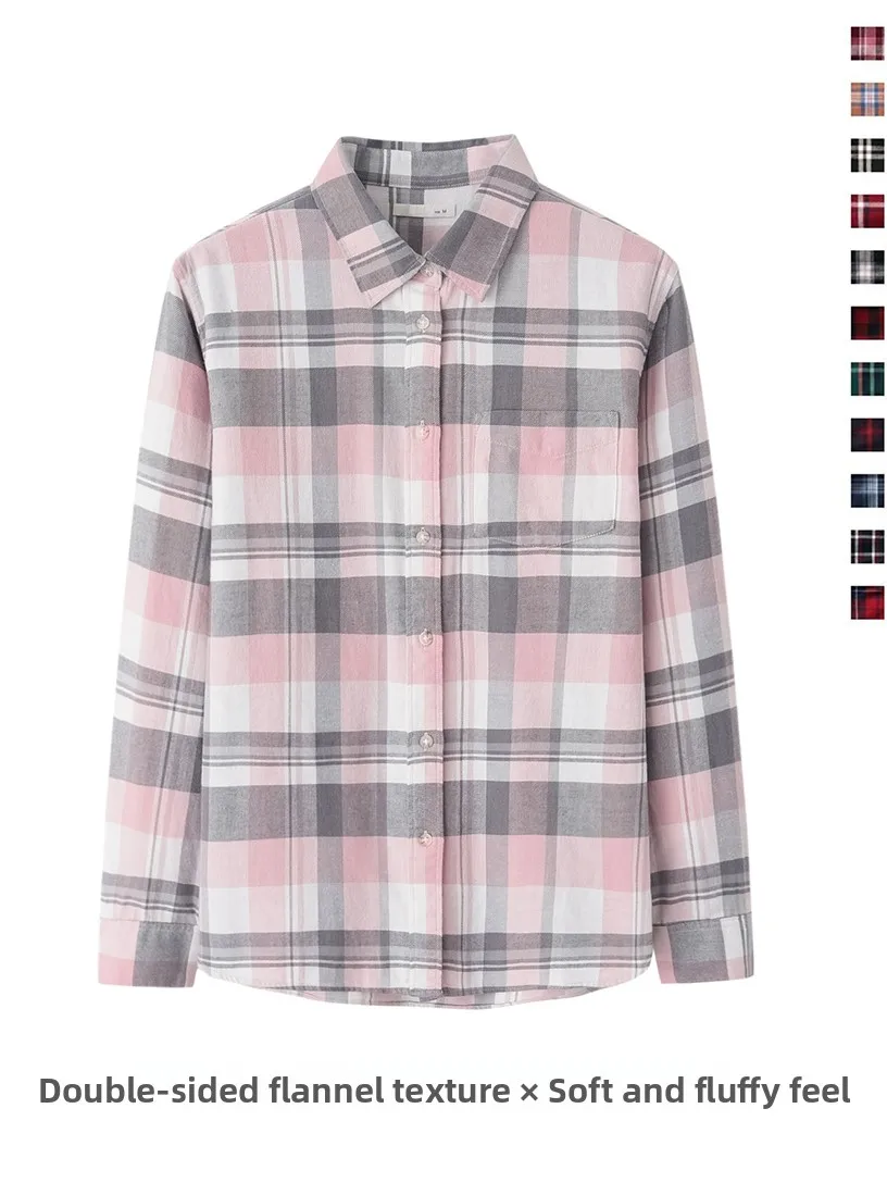 

2025 New Women's Full Cotton Flannel Plaid irt Long Sve Loose Versatile Outerwear Retro Artistic Sle Breathable Comfor...