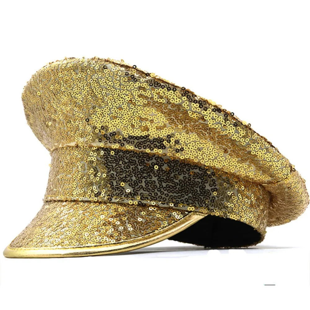 Dance Props PU Leather Sequin Flat Top Hat Shiny Sergeant Style Embellished Hat Flat Caps Y2k Captain Cap Prom Performance Bar