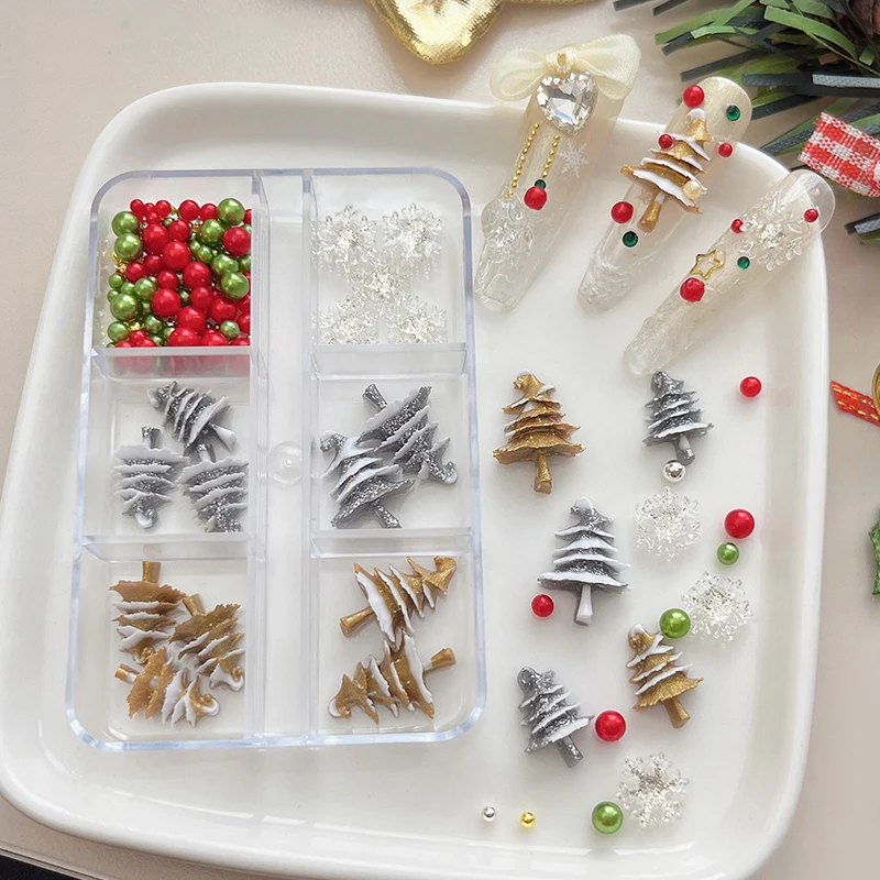 6 شبكات عيد الميلاد الأحمر/الأخضر حبة ندفة الثلج مسمار حجر الراين مختلط الحجم خرز زاهي الألوان نالي سحر عيد الميلاد مانيكير مجوهرات