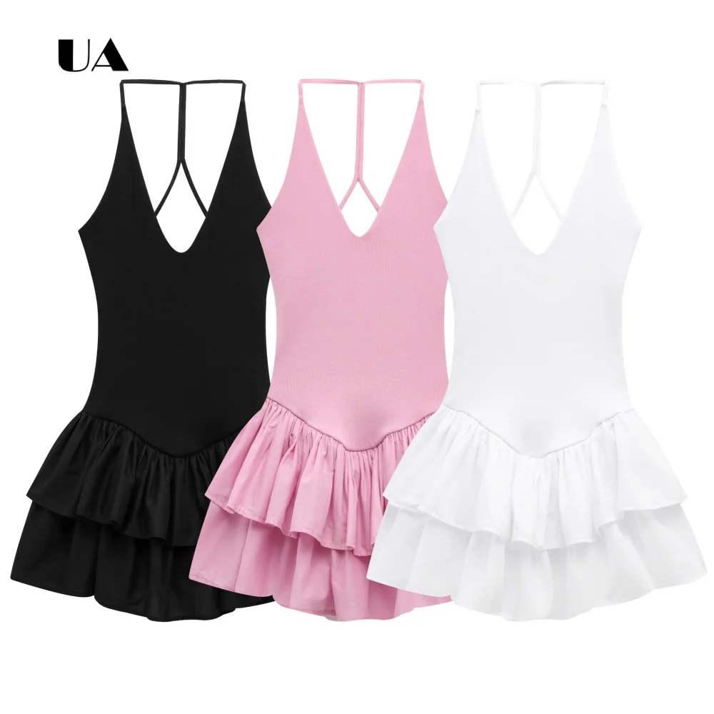 Vestido Mini Halterneck ULBYANRY com Caimento Evasê e Bainha em Camadas com Babados, Vestido de Noite Sólido Sem Mangas para Mulheres, Elegante Vestido de Festa