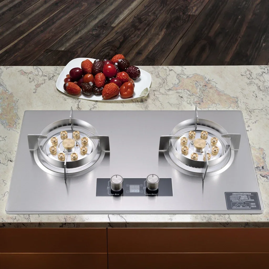 70cm Built-in Gas Hob 2 Burner Stainless Steel Gas Cooktop Brass Burners Flame Failure Device Battery Ignition LPG NG