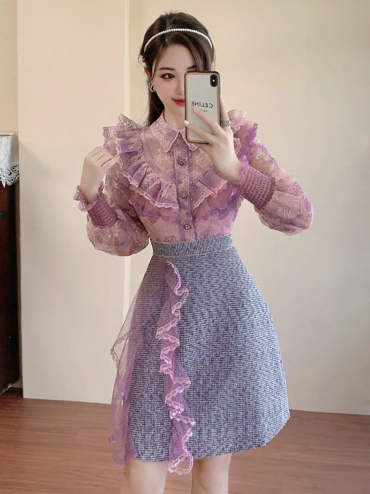 Autumn Sweet Pink Lace Mesh Embroidery Ruffles Patchwork Tweed dresses for Women elegant See Through Long Sleeve Party Vestidos