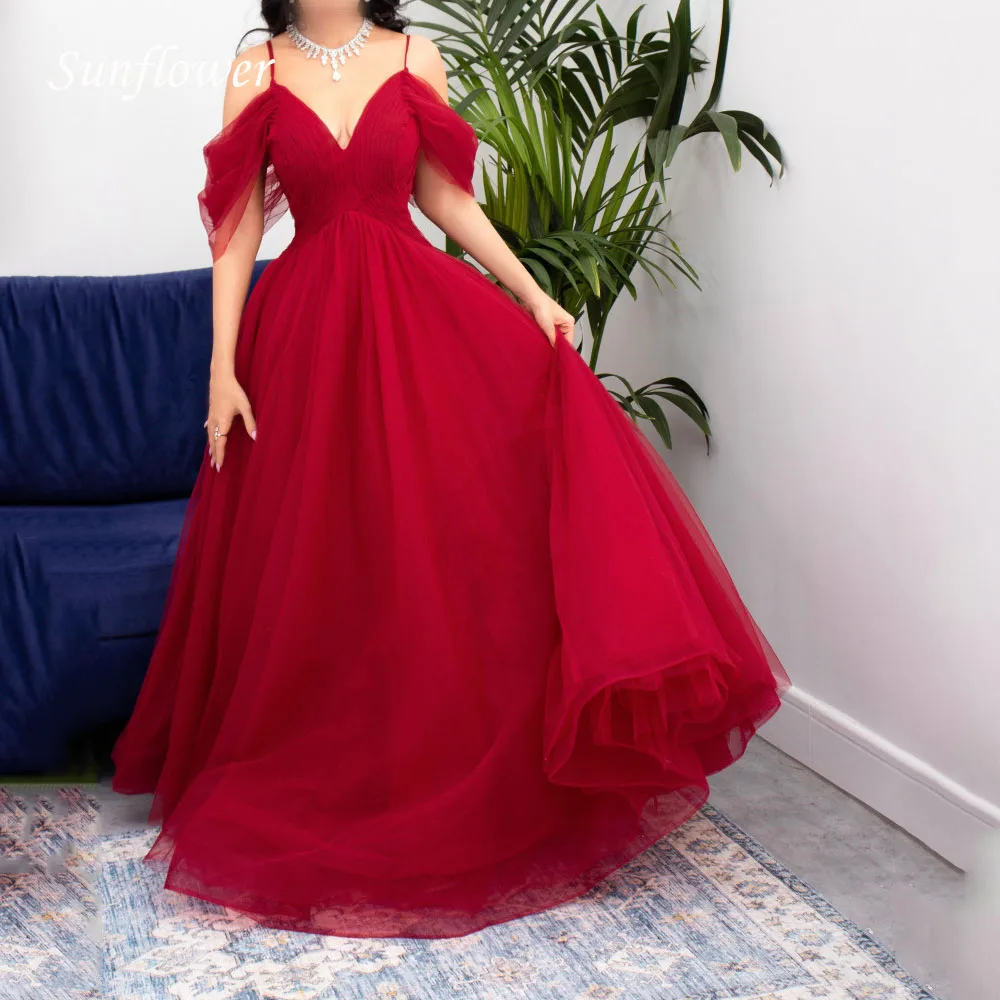 

Sunflower V-Neck Prom Gown Cap Sleeve A-LINE Evening Dress Slim Pleat Tulle Floor-Length Party Dress 2023 High-end Custom