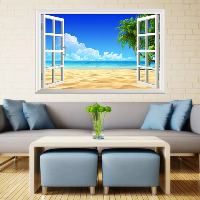 Several Styles Sea View Mural Fake Window Art Beach Blue Water Palm Tree Vinyl Wall Stickers for Home Decoration Aesthetic Rooms