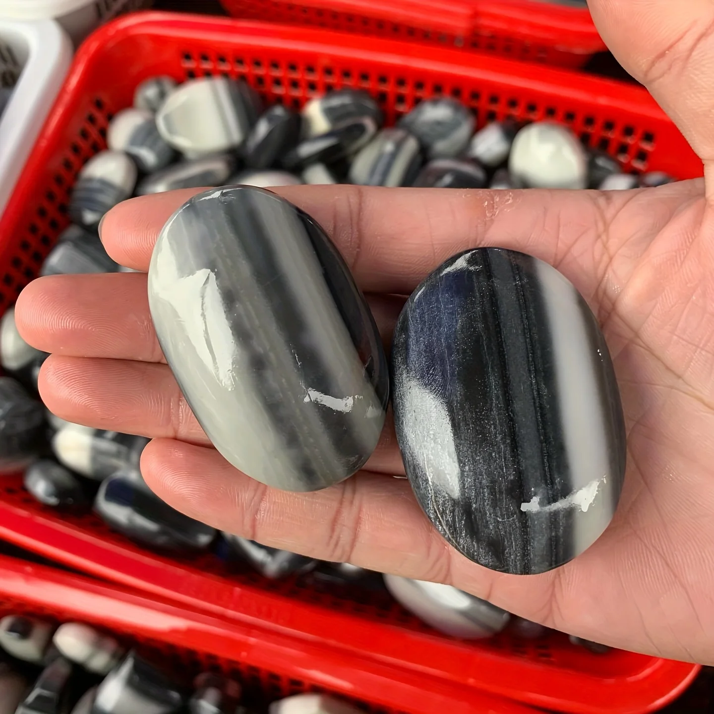 Rare Tai Chi Stone Palm Stone - Bohemian Style Black & White Irregular Stripes, Natural Stone for Home Decor, Crystal Collectors