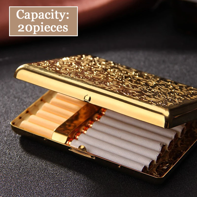 Pure Cpper Cigarette Case 20/28 pieces Capacity Men Wealth Flower Cigarette Box Holder Portable Hand-carved Smoking Accessories