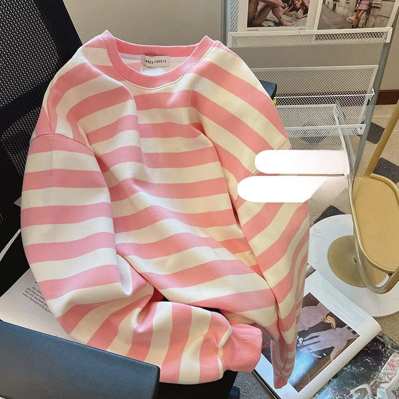 

Korean Harajuku Sle Women's Pink Stripe Thin Hoodie Spring Season Casual Comfortable Sweatirt Home Wear