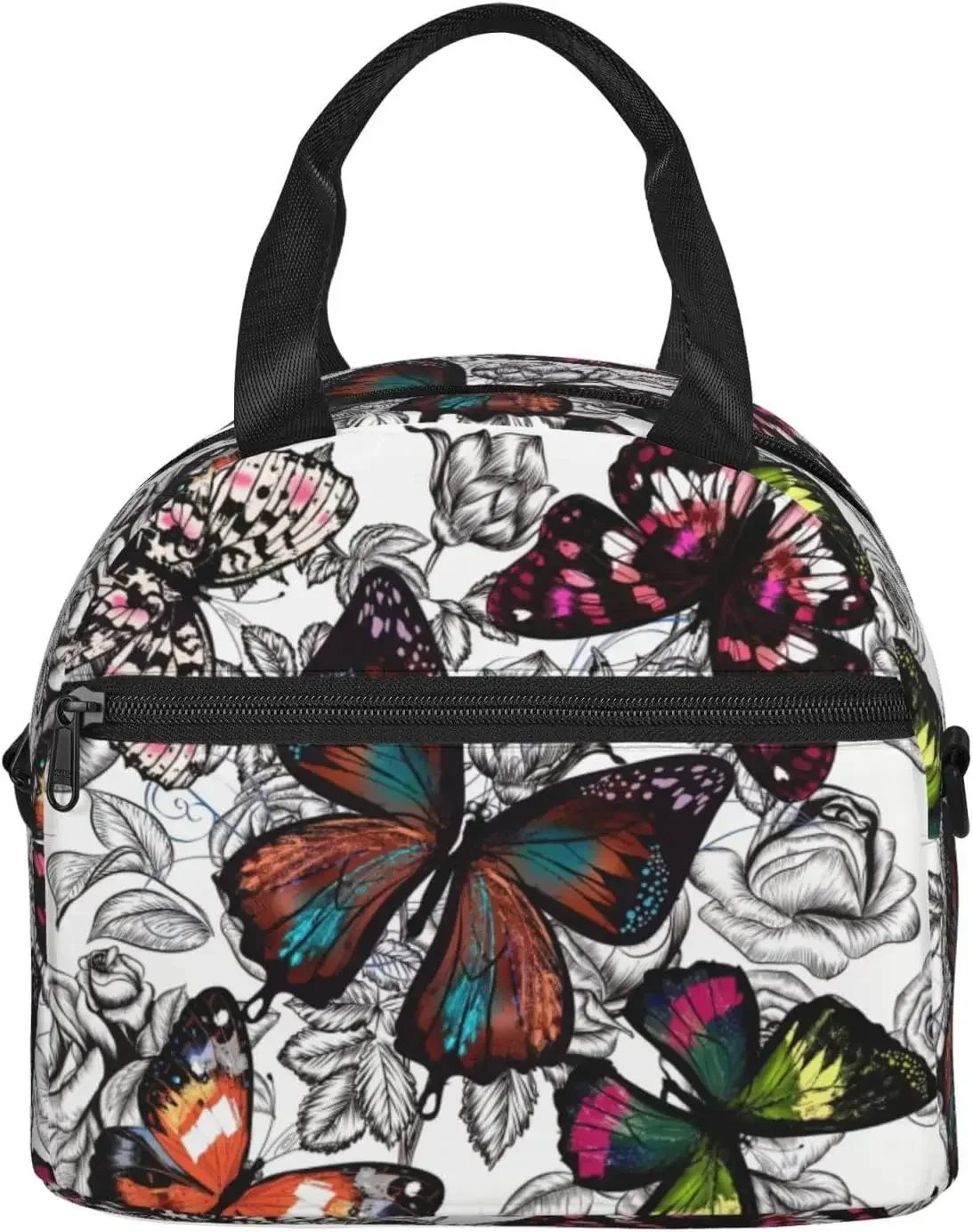 Lunch Bag,Tote Bag For Women & Men Adjustable Shoulder Strap,Leak Proof  Office Work,Picnic,Butterflies Floral Print