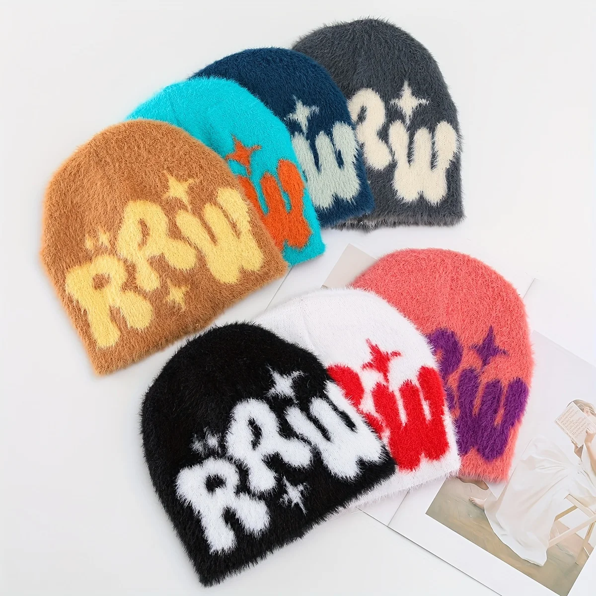 Unisex Y2K Fuzzy Knit Beanie Hat Fluffy Bubble Letter Graphic Winter Warm Soft Plush Skull Cap Streetwear for Men Women