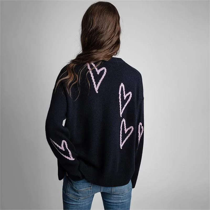 Zadig Cashmere Sweater Female Fashion Heart Letter Print Sweater Top Women Winter Chic O-Neck Long Sleeve Loosen Pullover Tops