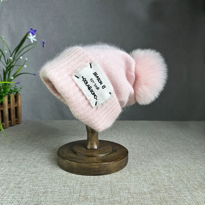 2024 New wool fur pompom hats Winter Hat Cap women girl Warm High quality Fur Pom Poms Ski Hat winter beanies Hat