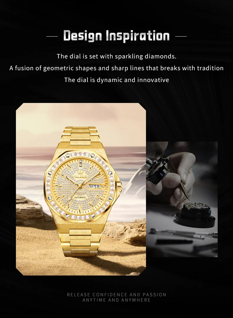 OLEVS 9803 Voll Diamantbesetzte Automatische Mechanische Uhren für Herren Luxus Edelstahl Wasserdicht Doppelkalender Business Herrenuhr – Detail 2
