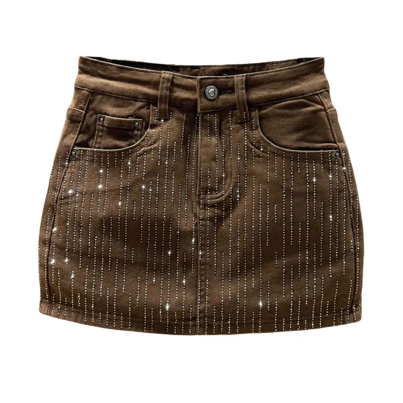 

Джинсовая юбка с высокой талией и тяжелыми стразами Design Sense, женская осенне-зимняя новая облегающая короткая юбка трапециевидной формы с защитой от воздействия