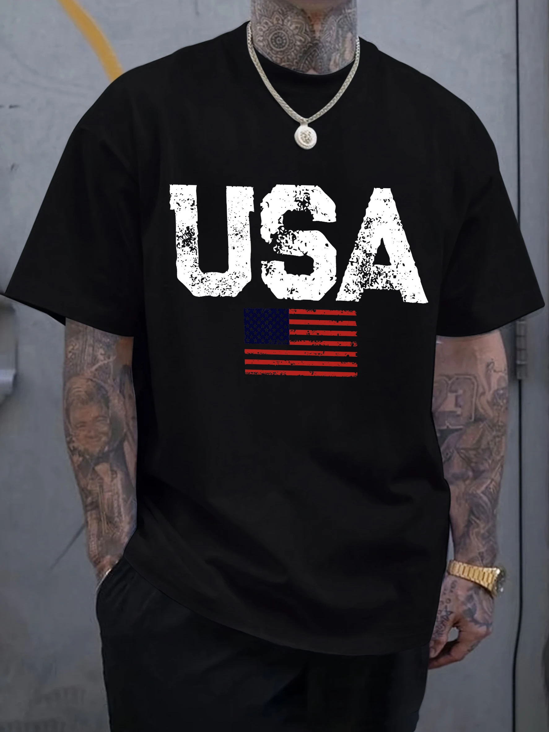 

Usa Letter American Flag Pattern Man T Shirts Hip Hop All-Match T-Shirt Cotton Summer Clothes Casual Oversize Street Sportswear