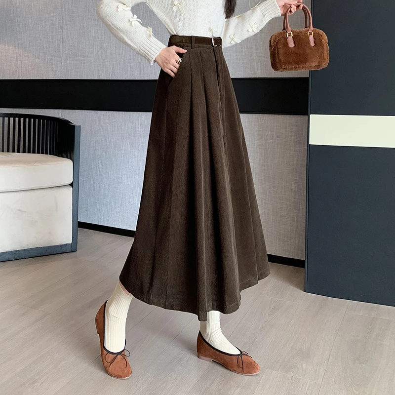 Coigarsam Women Long Skirt Spring 2024 Solid Loose Folds High Waist Ankela Red Coffee Black Skirts