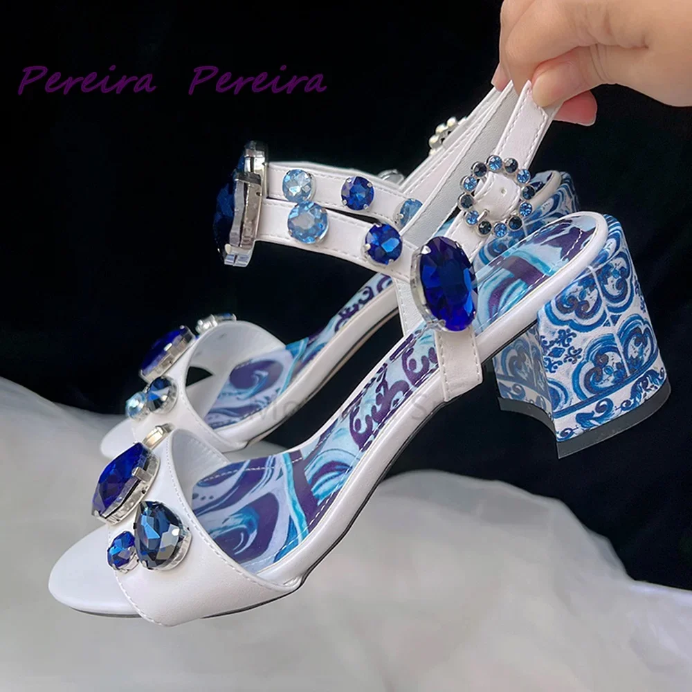 

Classic Blue White Gemstone Sandals Open Toe Bohemian Style Luxury Strap Square Heel High Heel Buckle Strap New Arrival