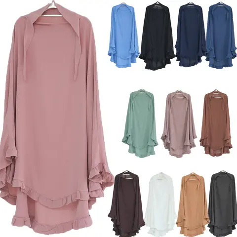 대형 이슬람 여성용 히잡 – Eid Ruffle Khimar, 기도용 스카프, 라마단 두바이 터키 머리 장식, 니캅, 아바야 드레스
