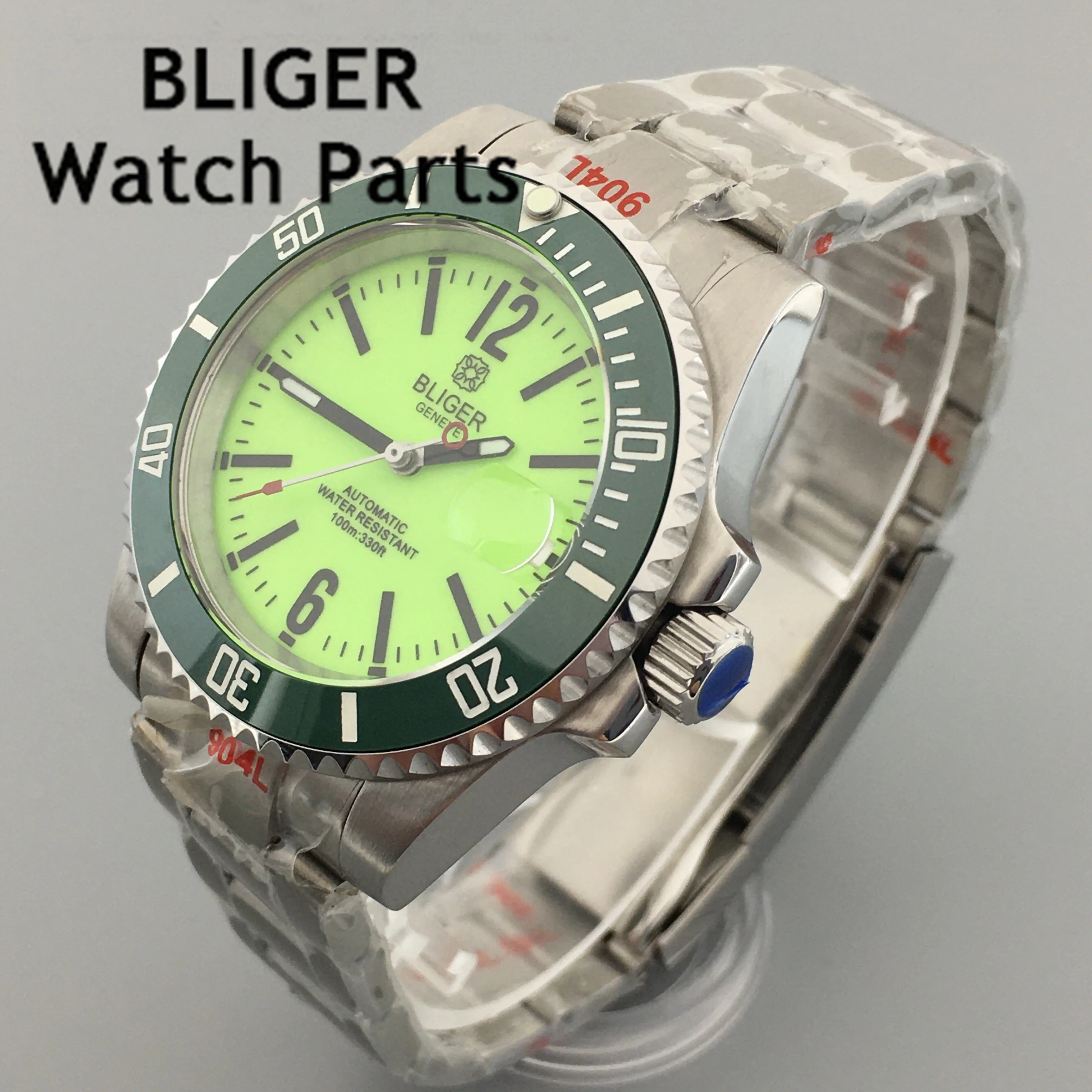 BLIGER 40mm Men\'s Watch NH35A Automatic Movement Mechanical Wristwatch  Case Fluorescent Green White Dial Bezel Full Luminous