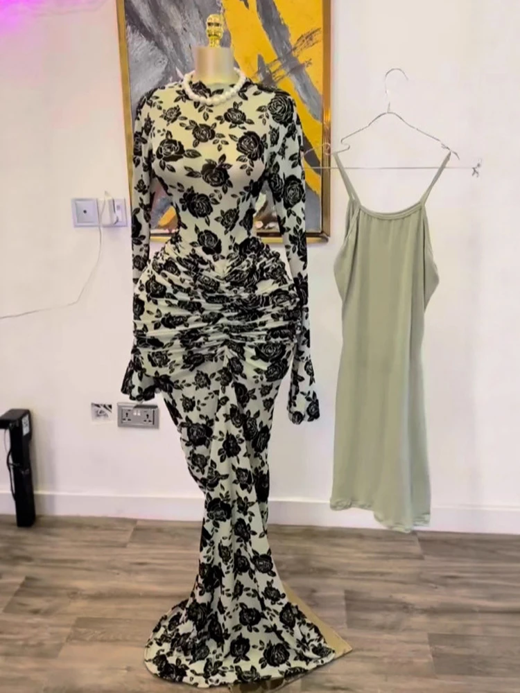Sexy Dress Two 2 Piece Set Women Long Sleeve Stacked Mesh Floral Pleated Maxi Dresses with Tank Dress for Party Birthday Outfits