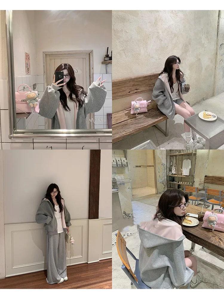 

Korean Sle Lazy Air Layer Zipper Hoodie Color Blo Cotton Long Sve Warm Outerwear for Women Loose Fit Autumn Winter New...