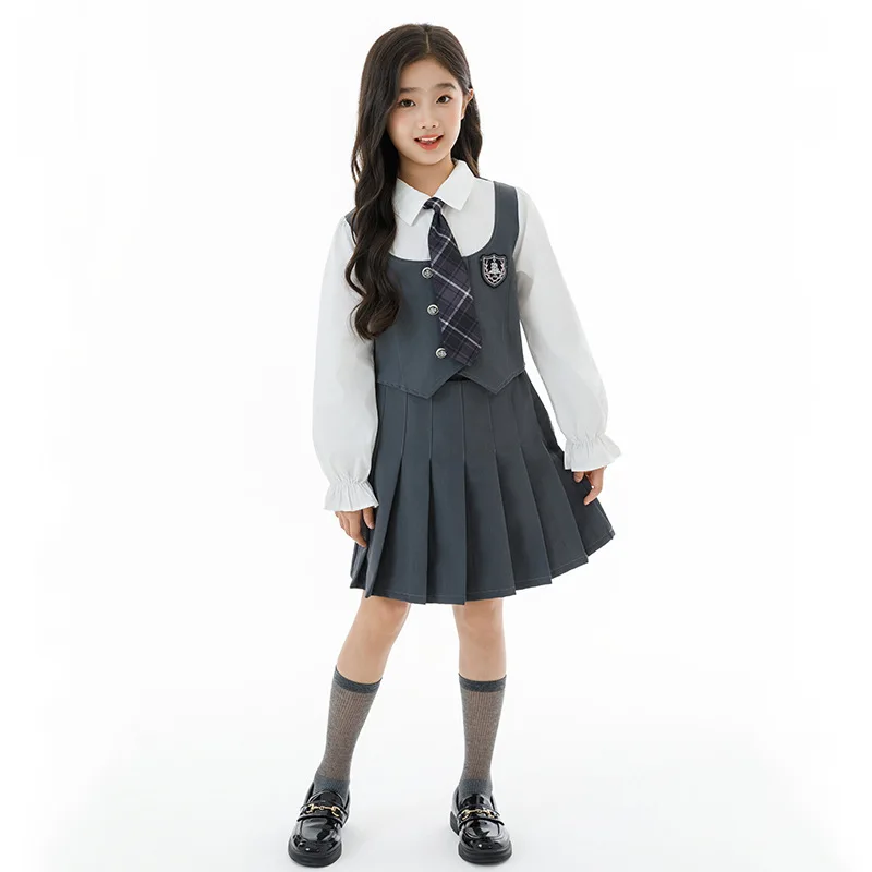 Tenue deux pièces pour écolières, automne coréen, Patchwork, haut à manches longues, jupe plissée, ensembles pour enfants filles