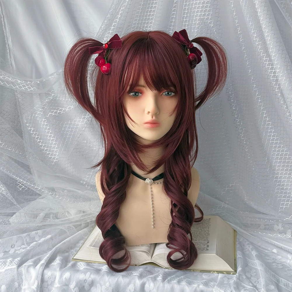 Wine Red Fiber wig with Bangs Medium Long Straight Hair with Cute sweet Lolita Wigs for Women Cosplay Wig Daily Costume Party