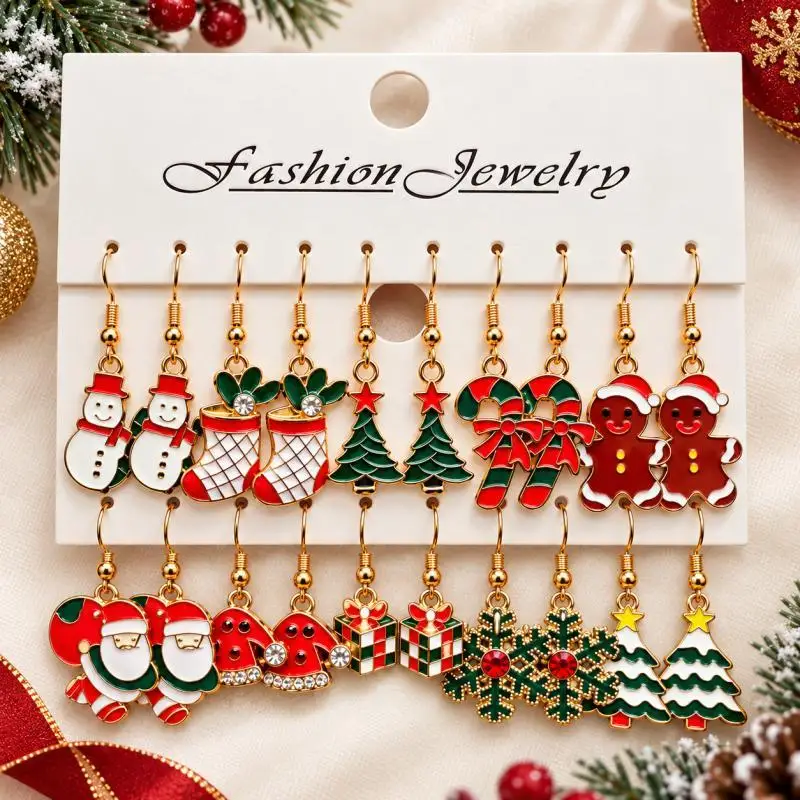 10 Pairs Christmas Dangle Earrings Set, Snowman Tree Gingerbread Candy Cane Holiday Earrings for Women Gift