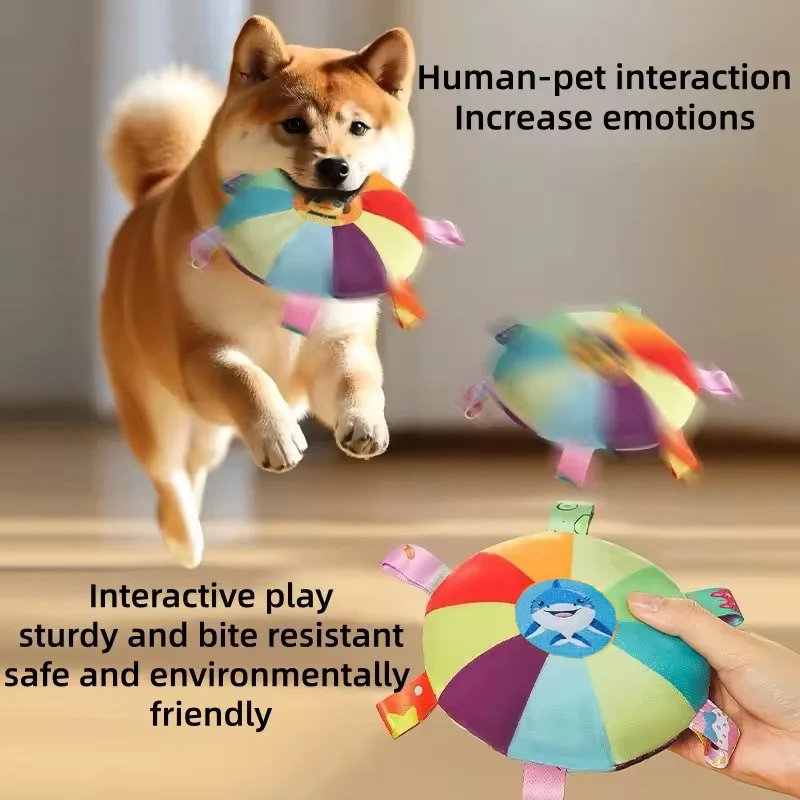 Cartoon Plush Squeaky Flying Disc Bell Toy Wear Resistant Bite Proof Teeth Grinding Interactive Puppy Pet Toy Indoor Outdoor Use