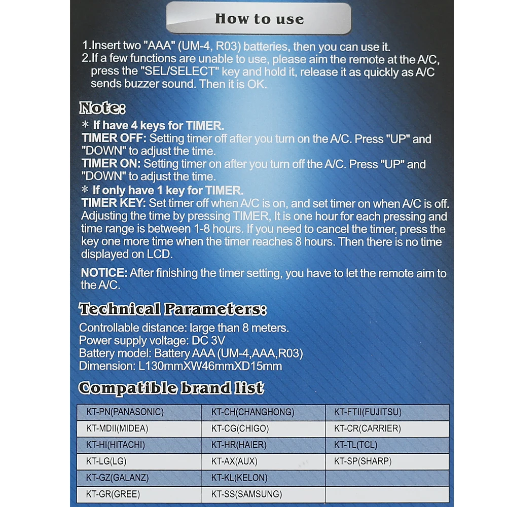 جهاز تحكم عن بعد عالمي A/C KT-FTII يستخدم فقط لوحدة تحكم تكييف مكيف الهواء Fujitsu جميع الموديلات