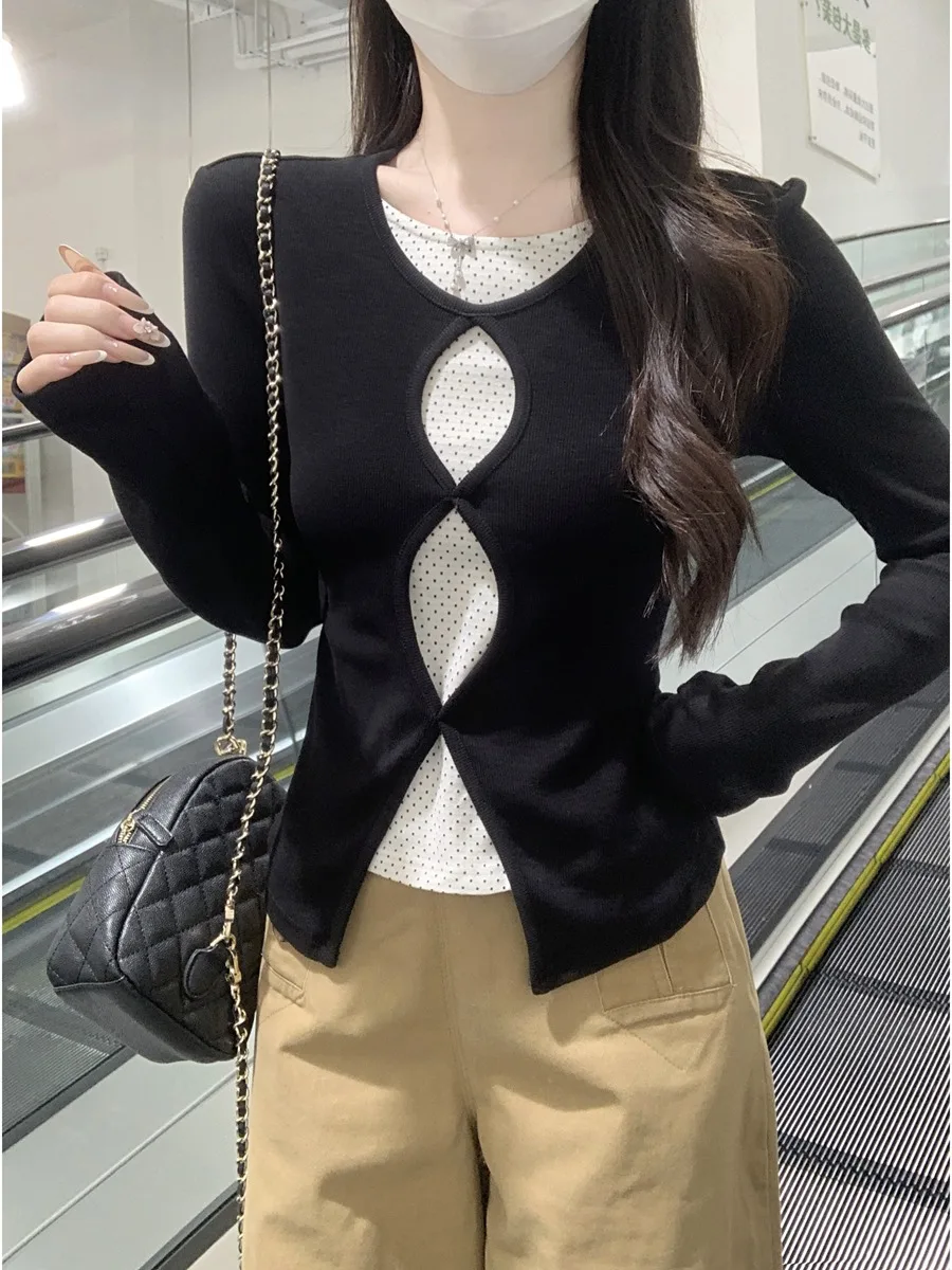 

Корейская женская футболка с круглым вырезом, длинным рукавом, в горошек, с вырезами, весенний дизайн, приталенная, базовая, для ношения под одеждой, топ