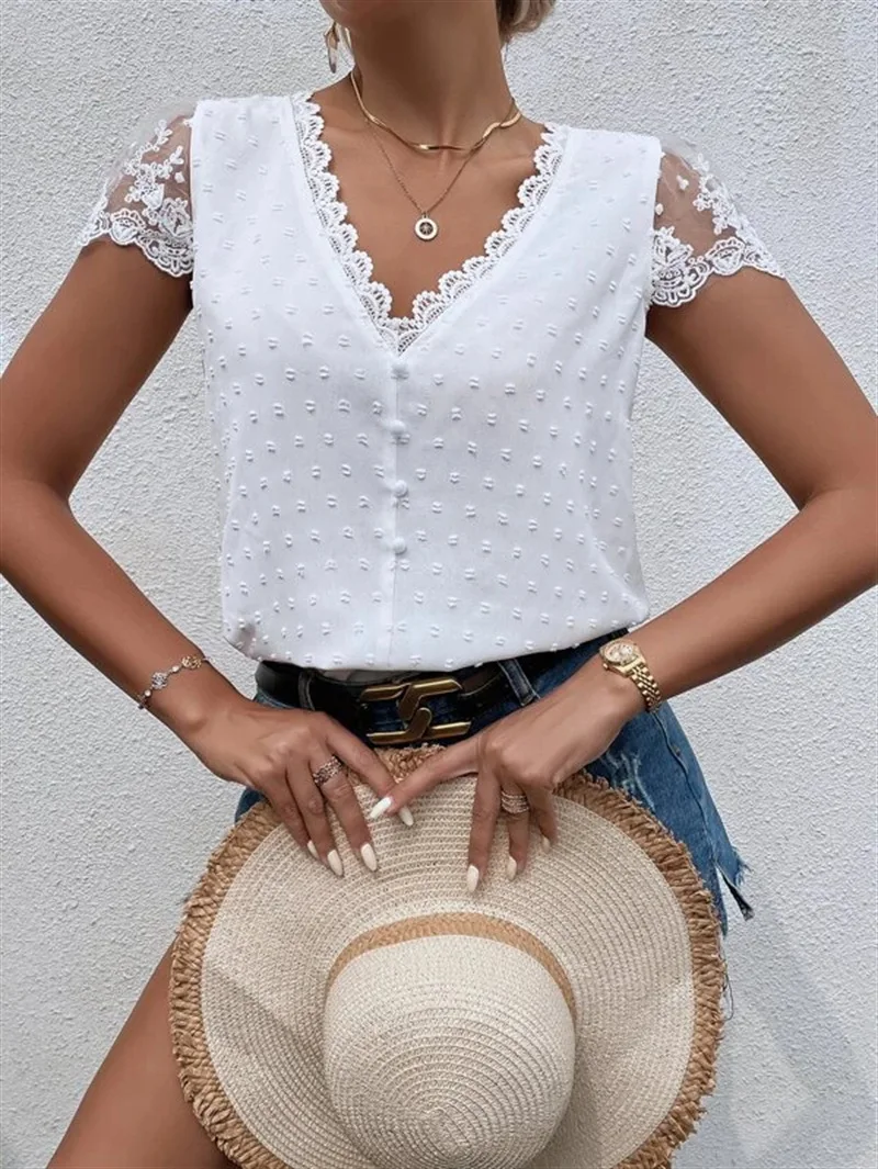 

Women Casual V Neck Buttons Blouses Spring Hollow Out Splicing Office Tops Summer Short Sleeve Loose Vintage Clothing Shirts