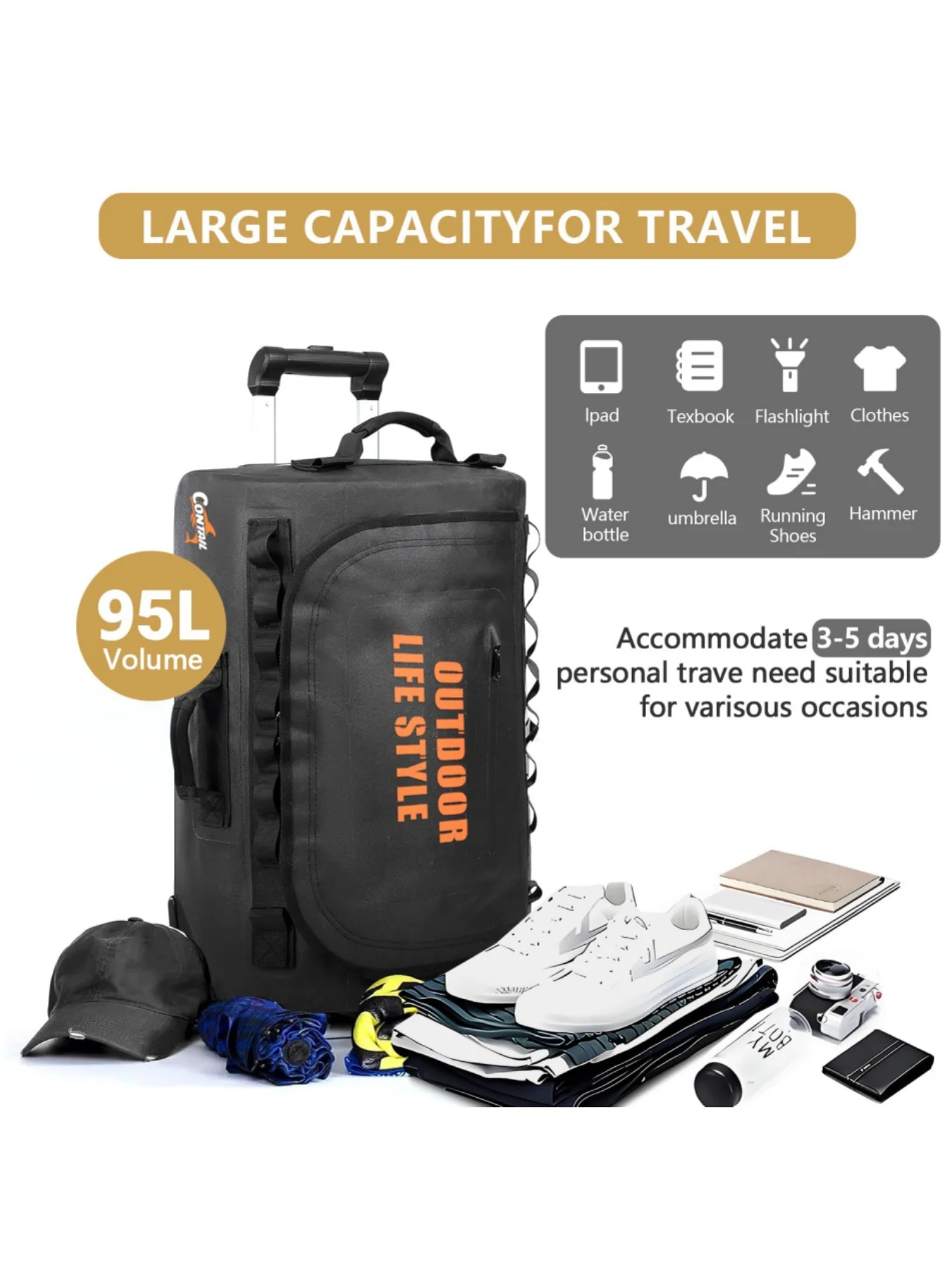 حقيبة غوص بعجلات سعة 95 لتر مع مقبض جر متوازي تلسكوبي وحزام كتف حقيبة ظهر قابل للفصل، مناسبة لمعدات غوص السكوبا، أسود، حقيبة عطلة نهاية الأسبوع #5