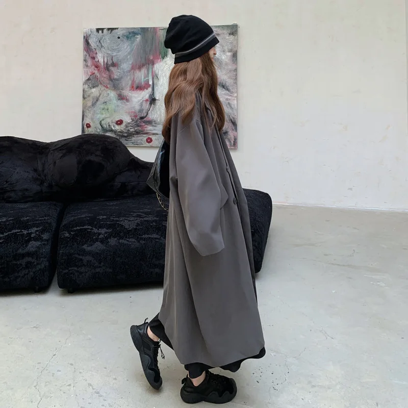 

SuperAen корейский стиль большого размера со свободной талией серый плащ для женщин новые осенние двубортные длинные пальто с зубцами