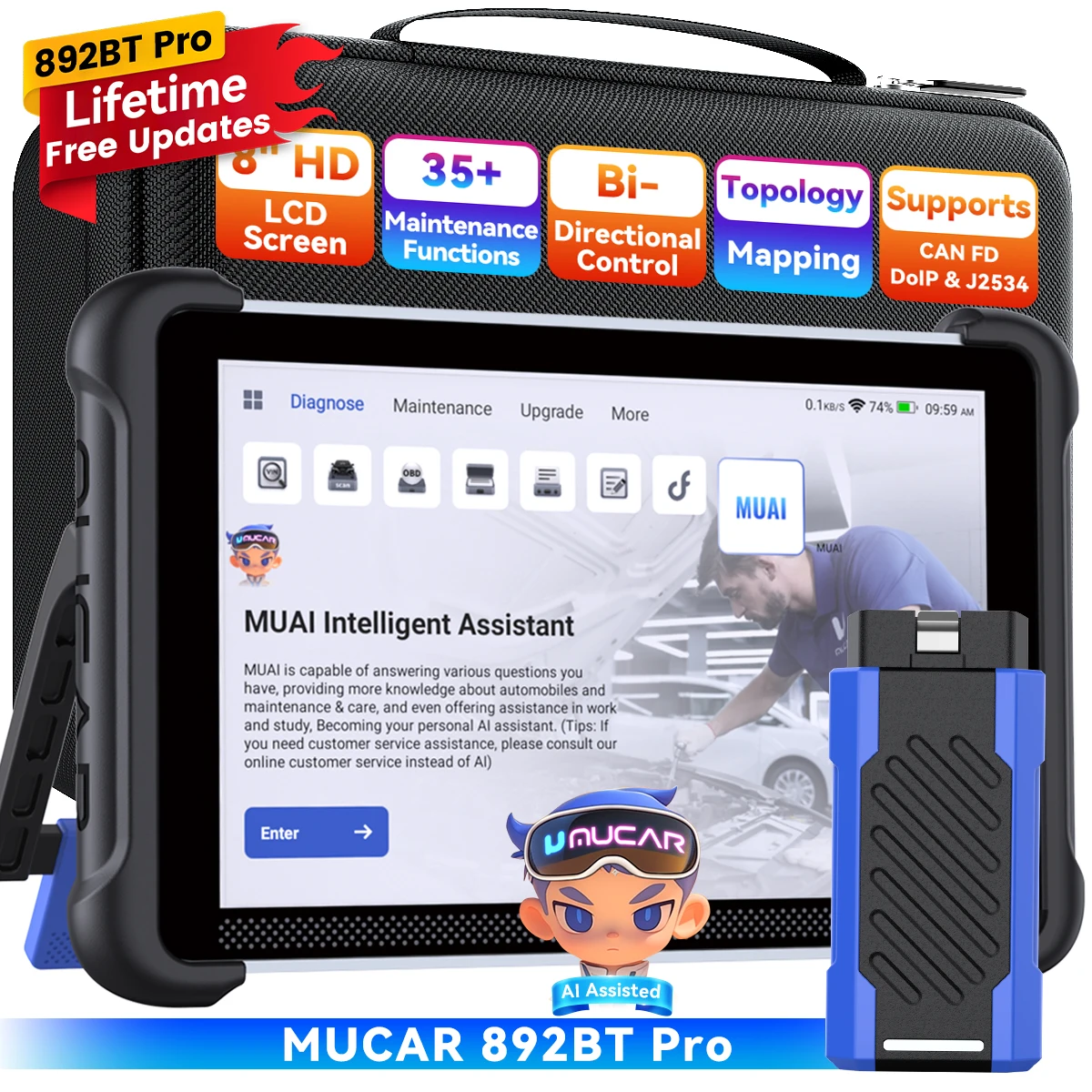 MUCAR 892BT Pro OBD2 Diagnostic Tool All System Diagnosis Topology Map IMMO Key J2534 CANFD DOIP Scanner Lifetime Free Update