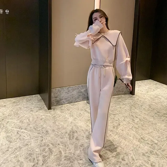 Casual Womens 2 Piece Outfit Set Loose Tracksuit Autumn New Lapel Collar Pullover and Lace-Up Wide-Leg Pants Suit Sportswear