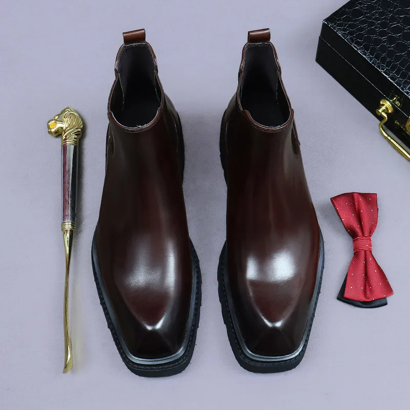 Men's High-Top Chelsea Boots Breathable Mid-Top Ankle Boots Trend Genuine Leather Work Boots Thick-Soled Height-Increasing Shoes