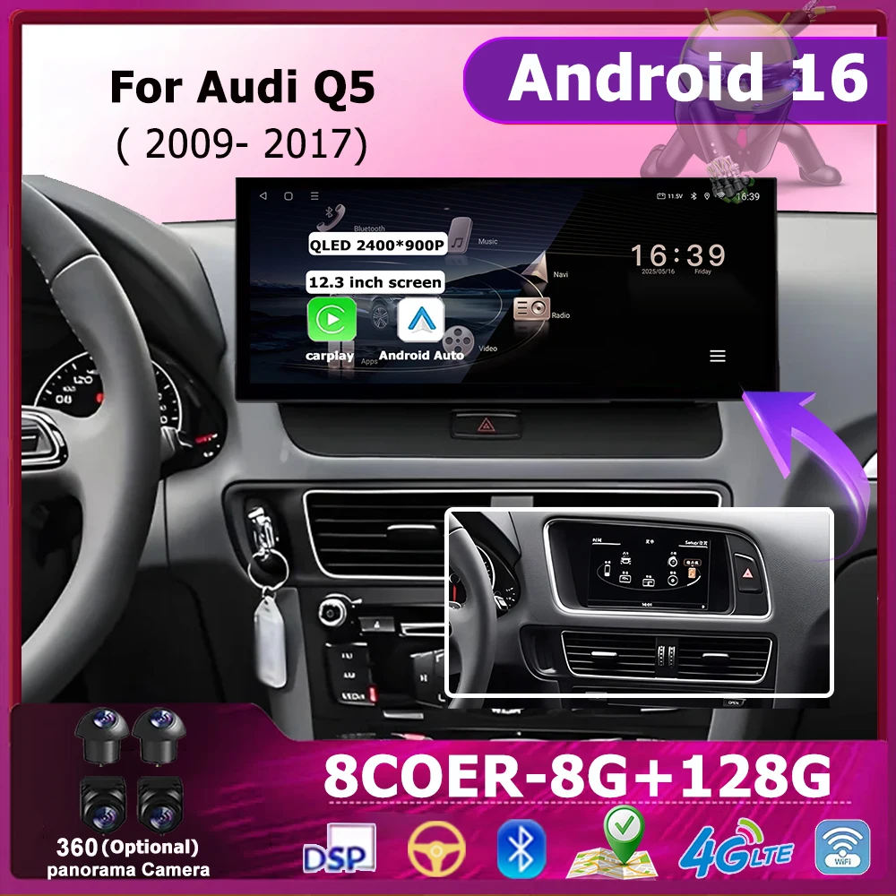 

Для Audi Q5 2009-2017 Android 16 Беспроводной Carplay Автомобильный радиоприемник Мультимедийный плеер DSP Стерео WiFi BT GPS Navi Ультратонкий экран
