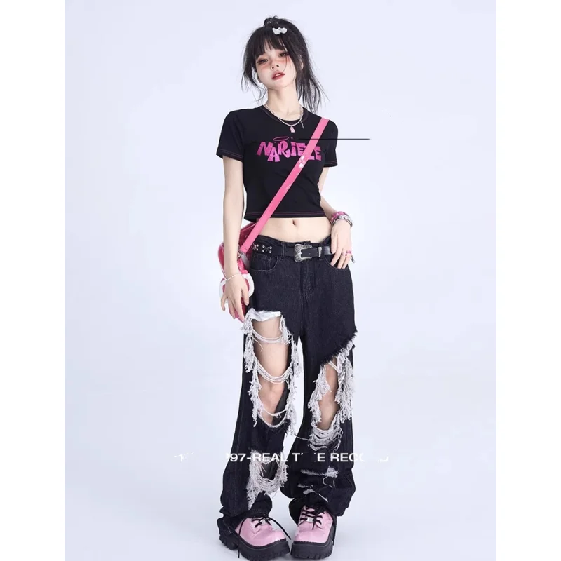 

Vintage Black High Waist Women Jeans Worn-out American Streetwear Wide Leg Jean Female Trouser Straight Baggy Denim Pants