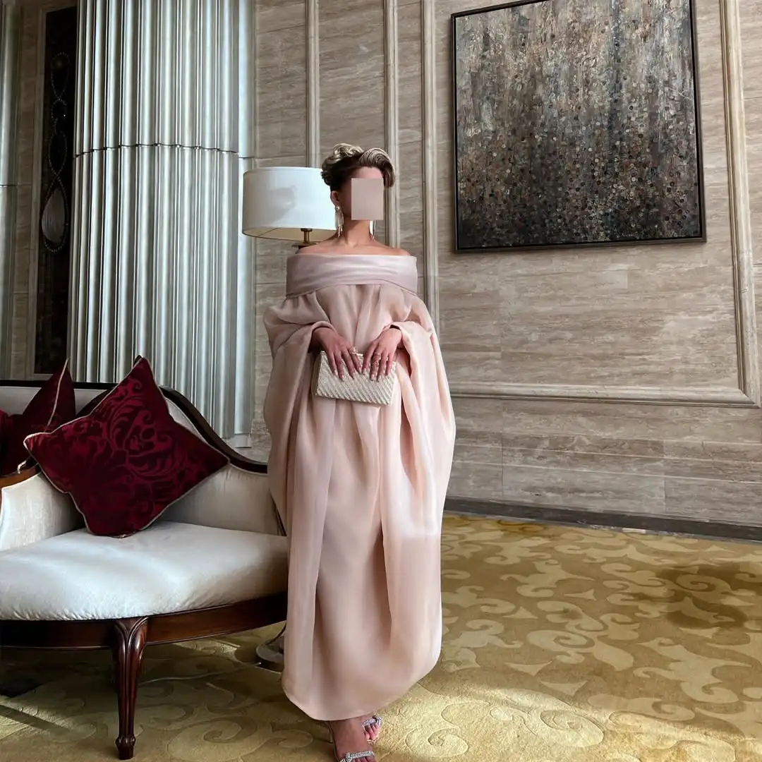 

QR Customized Luxurious Elegant Evening Dresses A Line Off The Shoulder Organza Floor Length Pleats Party Prom Formal Dresses